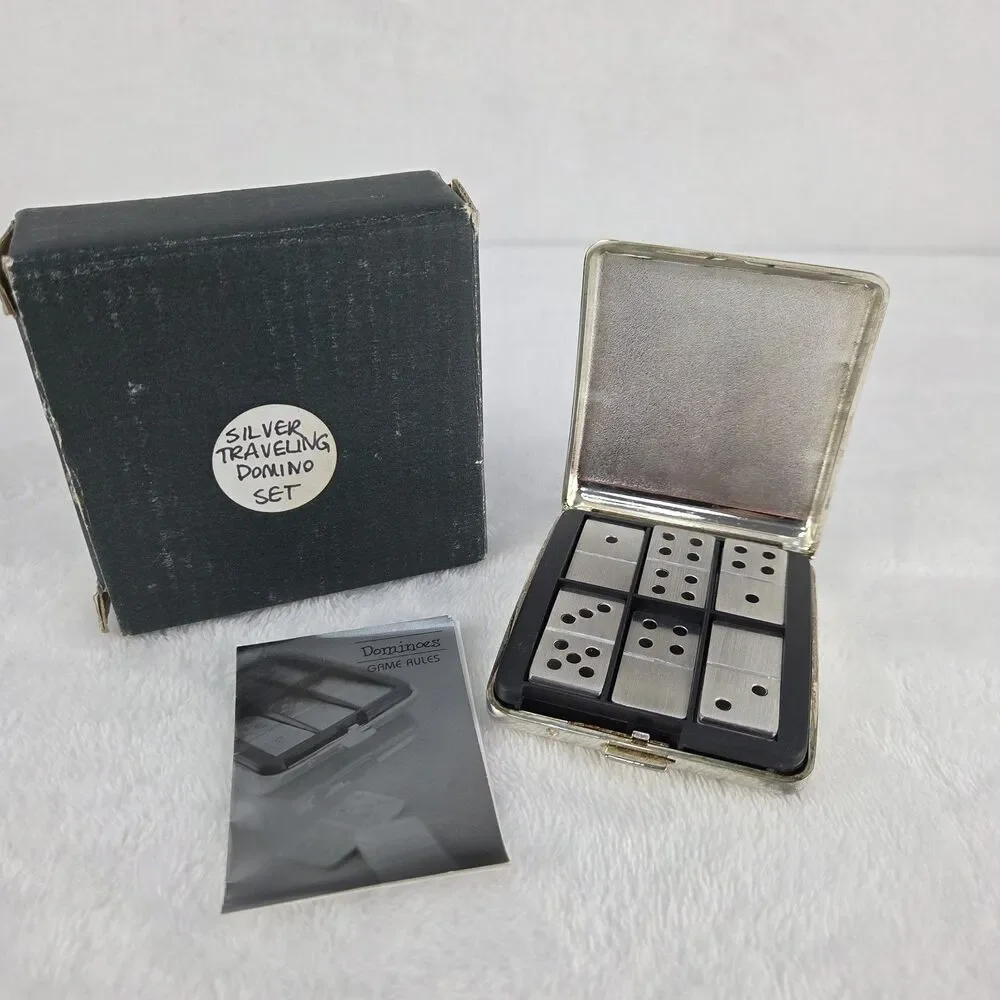 Vintage Travel Dominoes Pocket Set Metal Case Complete w Rules Booklet